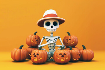 Happy skeleton with jack o lantern scene isolated orange background generative ai