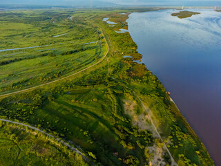 Photos of the river island were taken from a drone. Bolshoy Ussuriysky Island is a large river island on the Amur River and below the mouth of the Ussuri in the Khabarovsk Territory. 