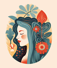 Woman surrounded with leafs Illustration profile view generative ai
