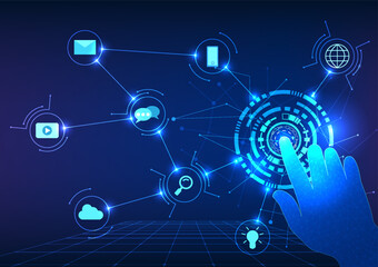 smart technology Hand pressing technology sign button with icons smart technology concept that has played a role with human beings and the expansion of the business to grow rapidly