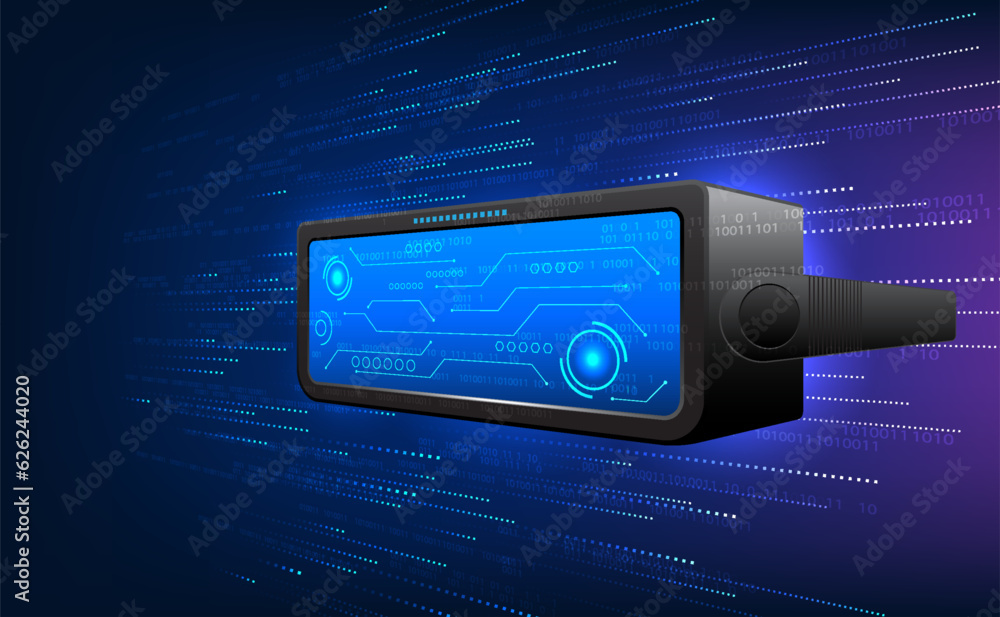 Poster virtual reality technology vr glasses that load technology data into the world of metaverse. it is a