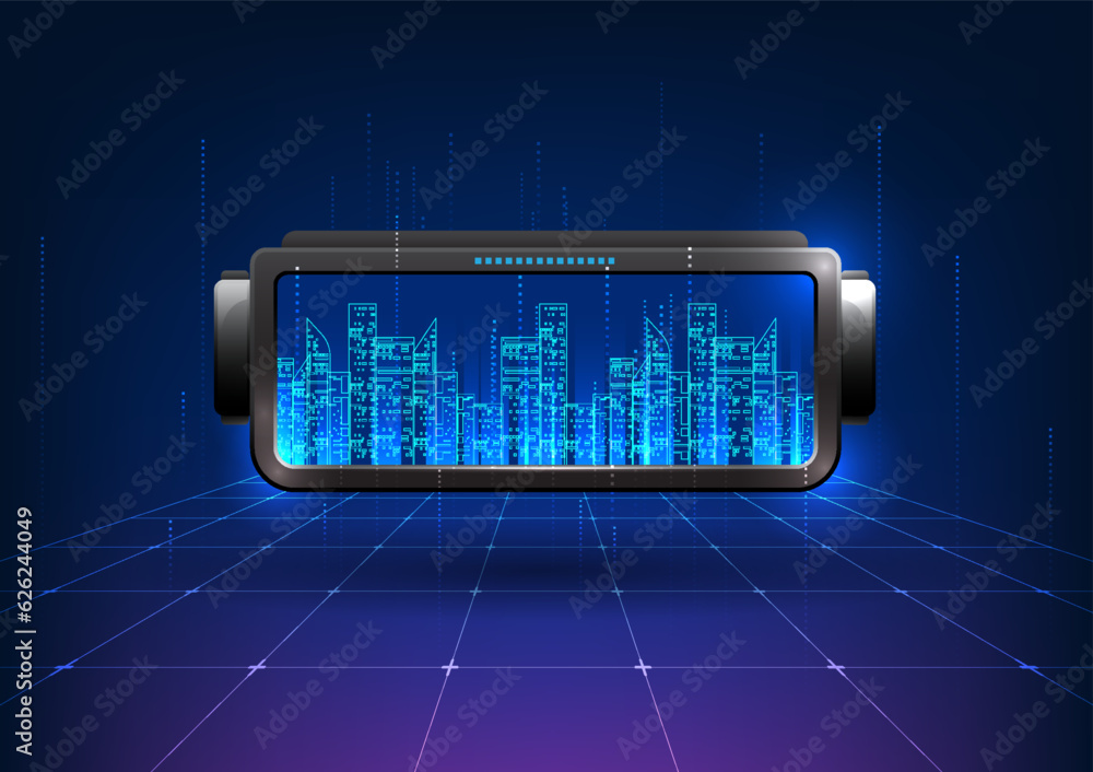 Poster virtual reality technology, vr glasses that project the image of a smart city with a checkered patte