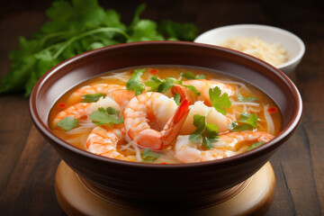 Spicy miso soup with shrimp in a plate top view.