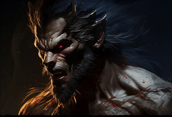 Portrait of a scary werewolf on a dark background. AI Generated