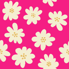 Fototapeta na wymiar Bright pink floral seamless pattern. Hand drawn abstract white flowers on hot pink background. Modern trendy fashion girlish allover print