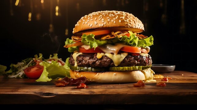 a double cheeseburger on a wooden surface