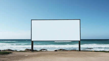 Striking image of a blank billboard frame on a desolate beach, endless advertising possibilities