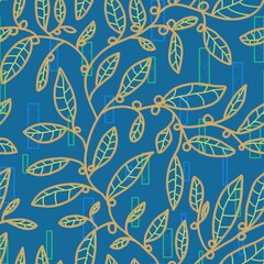 Seamless pattern of ornamental plants and geometric shapes with texture on a dark blue background for textile.