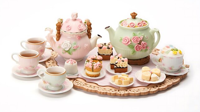 a table with tea cups and teapots