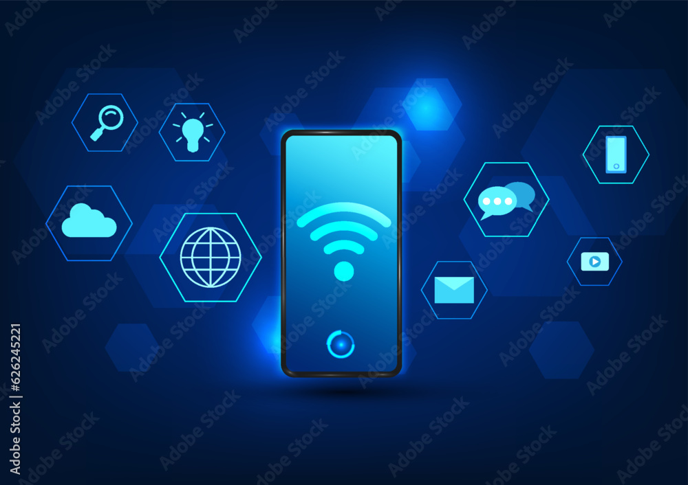 Poster wifi technology smartphones have a wi-fi icon in the center along with a communication icon. refers 