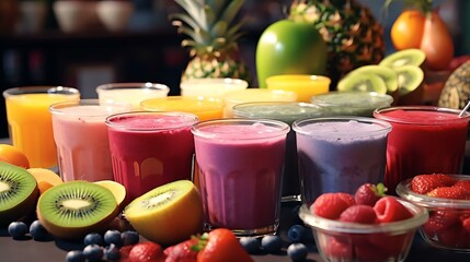 a group of colorful cups with fruit in them