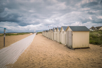 Beach hut on Sword Beach in Normandy - obrazy, fototapety, plakaty