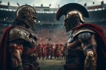 Fototapeta na wymiar Epic Clash: Two Gladiators in Stadium. AI