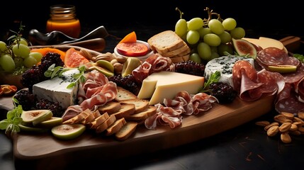 a wooden cutting board with food on it