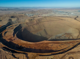 Aerial view of Cerro Dominador, a huge area in the Atacama desert where minerals are extracted from the dry ground; Antofagasta, Chile, South America