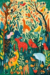 an abstract painterly style of a beautiful colorful forest with various animals and birds.