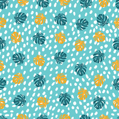 Floral seamless pattern. Monstera leaves and blob shapes. Allover composite background. Whimsical arrangement of foliage motifs