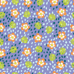 Floral seamless pattern. Monstera leaves, geranium flowers and blobs. Composite background. Whimsical arrangement of foliage motifs