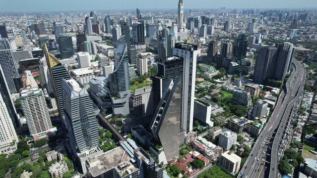 Aerial view of Ploenchit road in Bangkok Downtown, financial district and business center, Thailand