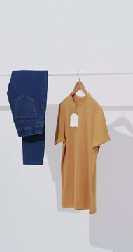 Vertical video of denim jeans and yellow t shirt on hanger and copy space on white background