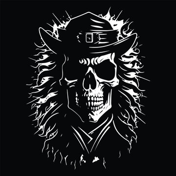 Captain skull vector, Pirate skull vector black outline illustration on black background.