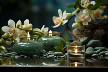 Fototapeta na wymiar wellness and spa background with orchids, stones and candles. Generative AI
