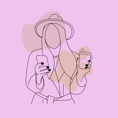 Vector hand drawn hand holding plastic cup coffee in line art