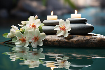 wellness and spa background with orchids, stones and candles. Generative AI