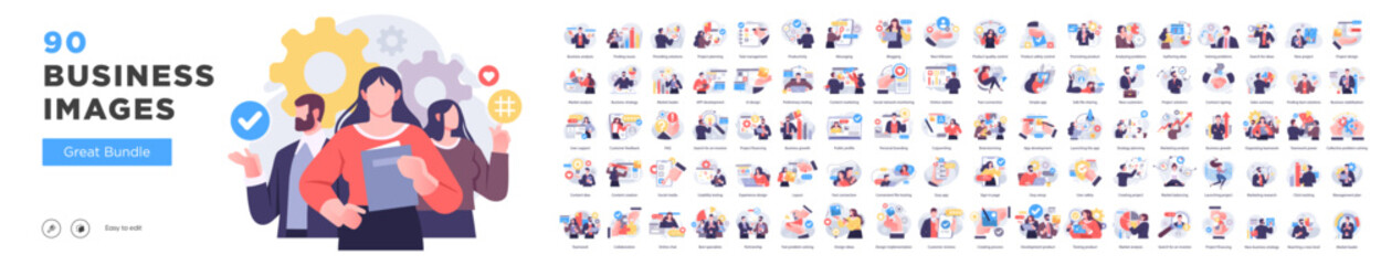 Business Concept illustrations. Mega set. Collection of scenes with men and women taking part in business activities. Vector illustration - 626248833