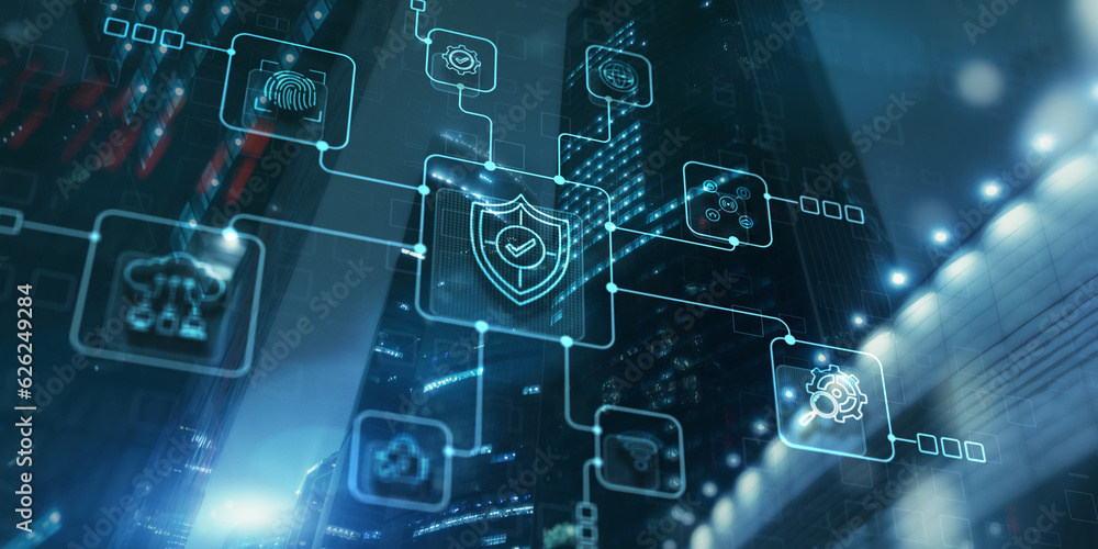 Poster data cyber security system shield protection verification icon