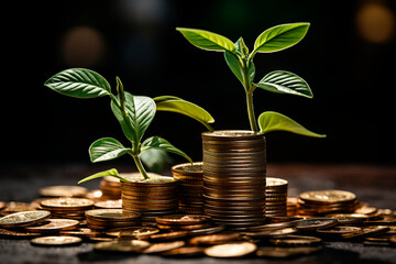 golden coins and money in a pile of green leaves,generative ai