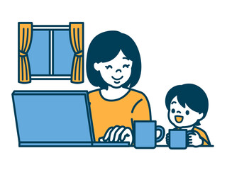 子供を見ながらリモートワークをする女性