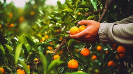 Closeup of hand picking orange fruit from a tree