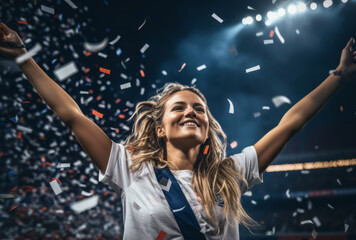 Portrait of a happy female football sport player celebrating winning with confetti falling