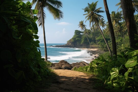 Coconut trees lining the coastline, landscape photography. Generative AI
