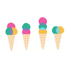 Set of Multicolor Ice cream scoop with cone Icon  