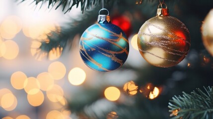 colorful and vibrant hanging baubles on christmas tree