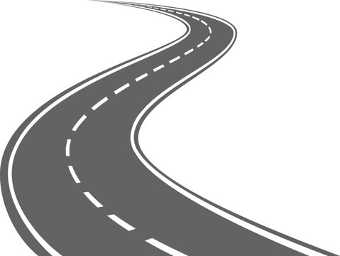Curved road with white markings. Winding highway isolated on transparent background. Asphalt highway.