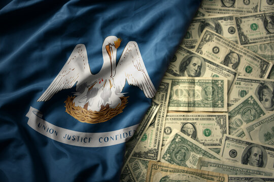 colorful waving national flag of louisiana state on a american dollar money background. finance concept