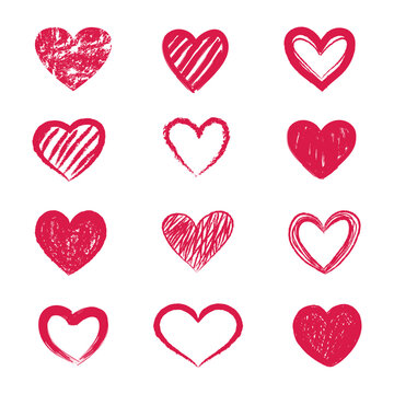 Red grunge hearts icons. Collection set of hand drawn scribble hearts isolated. Hand drawn graffiti, rough marker hearts isolated on white background.
