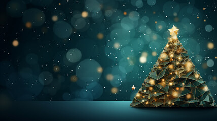 polygonal simple christmas background with green christmas tree and copy space minimalism greeting card.
