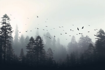 silhouette of birds flying in a foggy forest. Silhouettes of mountains in the fog and a bird flying in cold toning. birds flying in magical forest, fantasy landscape. Generative AI