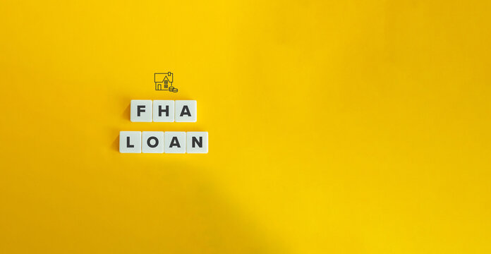 Federal Housing Administration (FHA) Loan Banner. Letter Tiles on Yellow Background. Minimal Aesthetic.