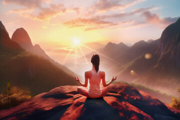 Obraz premium Young woman practicing yoga in mountains at sunset. Harmony, meditation, healthy lifestyle, relaxation. Generative Ai content