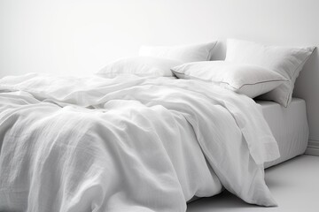 White bed clean linen on a white background. - obrazy, fototapety, plakaty