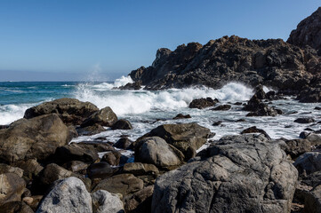 Enjoying the sea and rocky coast at Isla Pan de Az&uacute;car in the National Park Pan de Az&uacute;car in the Atacama desert in Chile - Traveling South America
