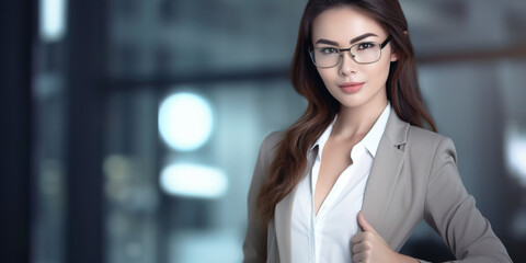 Fototapeta premium You need to look here! Beautiful young businesswoman pointing away and looking at camera with smile while standing against white background
