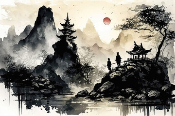 Chinese style ink painting with mountains and lake, AI generated