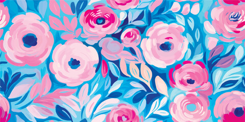 Materiał do szycia Cute abstract flowers print. Modern cartoon style pattern. Fashionable template for design. Pink flower pattern, with bright colorful backgrounds, vibrant acrylic colors brush strokes, vibrant florals