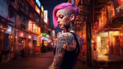 Obraz na płótnie Canvas Hübsche Pink haarige Frau mit tattoos und Visagistik in der Einkaufsstraße Nahaufnahme, ai generativ